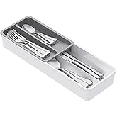Lifewit Compact Silverware Organizer for Kitchen Drawer, Narrow Flatware Tray Holder, Plastic Cutlery Spoons, Forks and Knives Storage, White&Gray, 1 Pack