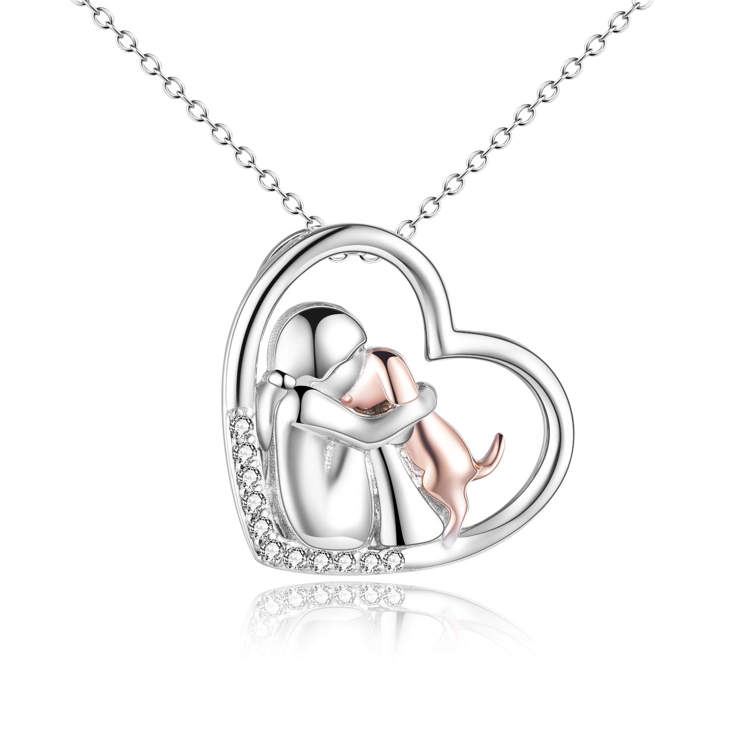 YFN Rose Gold Dog Necklace for Girl Women Sterling Silver Girls Embraced Dog Pet Pendant Jewellery
