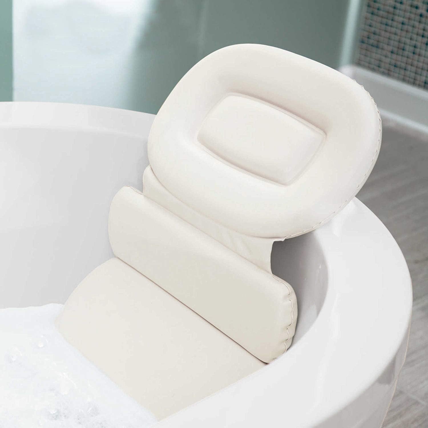 OSVINO Bath Pillow Waterproof Hypoallergenic PU Spa Bathtub Headrest Head Neck Shoulder Back Support Cushion with 7 Suction Cups, White1, 15"x22"x1.6"