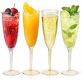 Oojami 24 Plastic Champagne Flutes 6 Oz Gold Glitter Disposable, Hard Clear Toasting Glasses for Wedding Party - BPA-Free