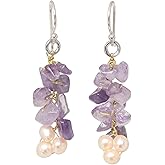 NOVICA Artisan Handmade Cultured Pearl Amethyst Cluster Earrings Unique Beaded Sterling Silver Purple White Thailand Mauve Mist Birthstone [1.8 in L x 0.5 in W] ' Afternoon Lilac'