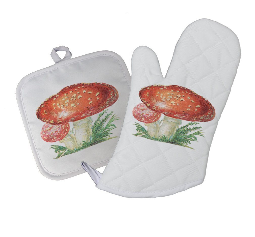 Style In Print Mushroom Vintage Look Kitchen Bar Oven Mitt & Pot Holder Set