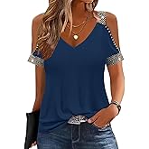 kipfall Womens Cold Shoulder Tops with Sequins V Neck Short Sleeve T Shirts Casual Loose Fit Basic Tee