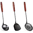 FJNATINH Wok Spatula and Ladle,Skimmer Ladle Tool Set, 17inches Spatula for Wok, 304 Stainless Steel Wok Spatula,Black