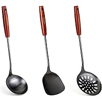 FJNATINH Wok Spatula and Ladle,Skimmer Ladle Tool Set, 17inches Spatula for Wok, 304 Stainless Steel Wok Spatula,Black