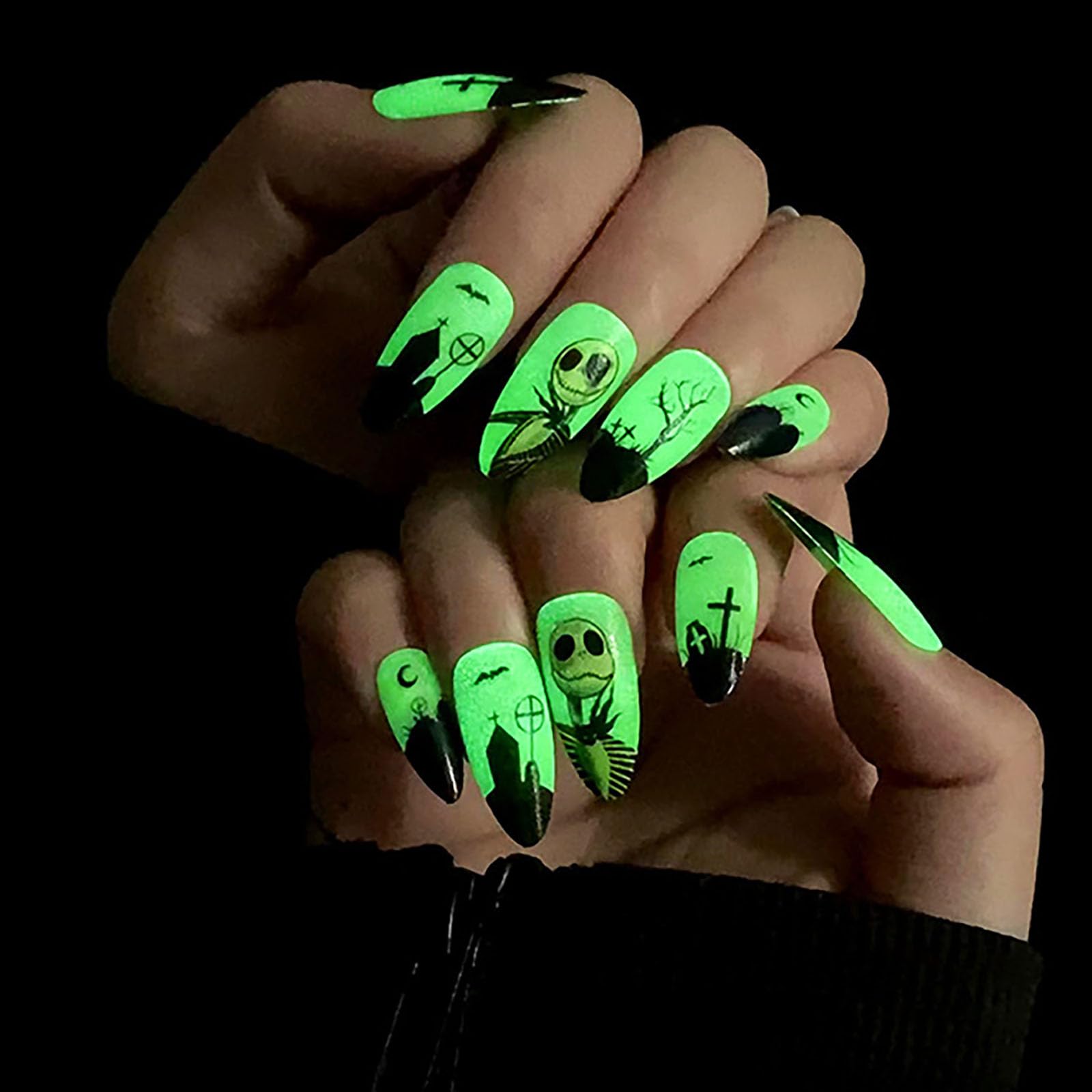 Photo 1 of Halloween Press on Nails Medium Almond MABKJLF Fake Nails Glow in The Dark Full Cover Nightmare Christmas False Nails Glossy Glue on Nails Artificial Acrylic Nails for Women Girls 24 Pcs