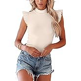 Allimy Womens Casual Summer High Mock Neck Ruffled Sleeve Ribbed Tanks Tops Slim Fit Blouse Shirts