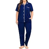 SWOMOG Women's Plus Size Pajama Set Short Sleeve Sleepwear Top and Pants Button Up Pajamas for Women Loungewear