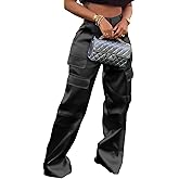 Baczoe Satin Cargo Pants for Women High Waisted Wide Leg Silky Dressy Club Outfits with Pockets Casual Streetwear