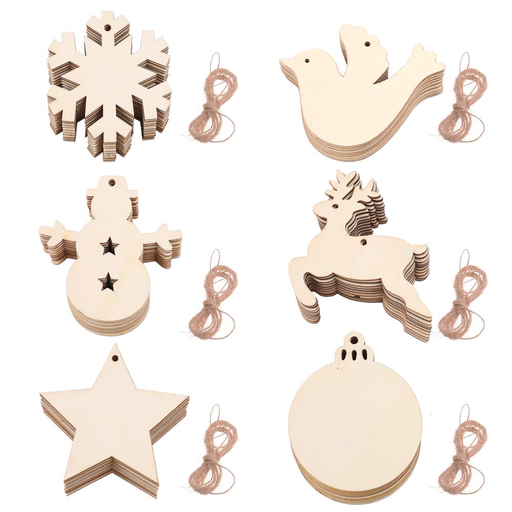 Unfinished Wooden Ornaments 60Pcs Christmas Wood Ornaments Hanging Embellishments Crafts for DIY, Snowman Snowflake Reindeer Wooden Bauble Hanging Decor Christmas Wedding Party DIY Craft