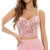 Testudineus Women's Butterfly Embroidery Crop Top Spaghetti Strap V Neck Sleeveless Corset Top Rave Party Club Top Tee