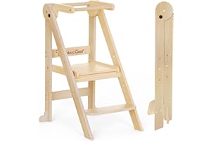 CAMECEQUTER Foldable Toddler Kitchen Stool Helper, Toddler Tower with 3 Adjustable Height, Wooden Toddler Step Stool, Collapsible Toddler Tower, Toddler Stool for Kitchen and Bathroom (Nature)
