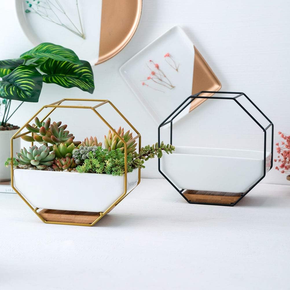 Vosarea 1PC Octagonal Hanging Air Plant Pots Metal Iron Frame Wall Planter Ceramic Flower Pot for Succulent Air Plants Mini Cactus Artificial Flowers (Black Frame) - Image 5
