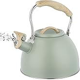Tea Kettle -3.0 Quart Whistling Tea Kettle for Stove Top Stainless Steel Tea Pot Stovetop Food Grade Water Kettle with Wood Pattern Handle for Coffee/Tea/Milk Kettle Pot-Green