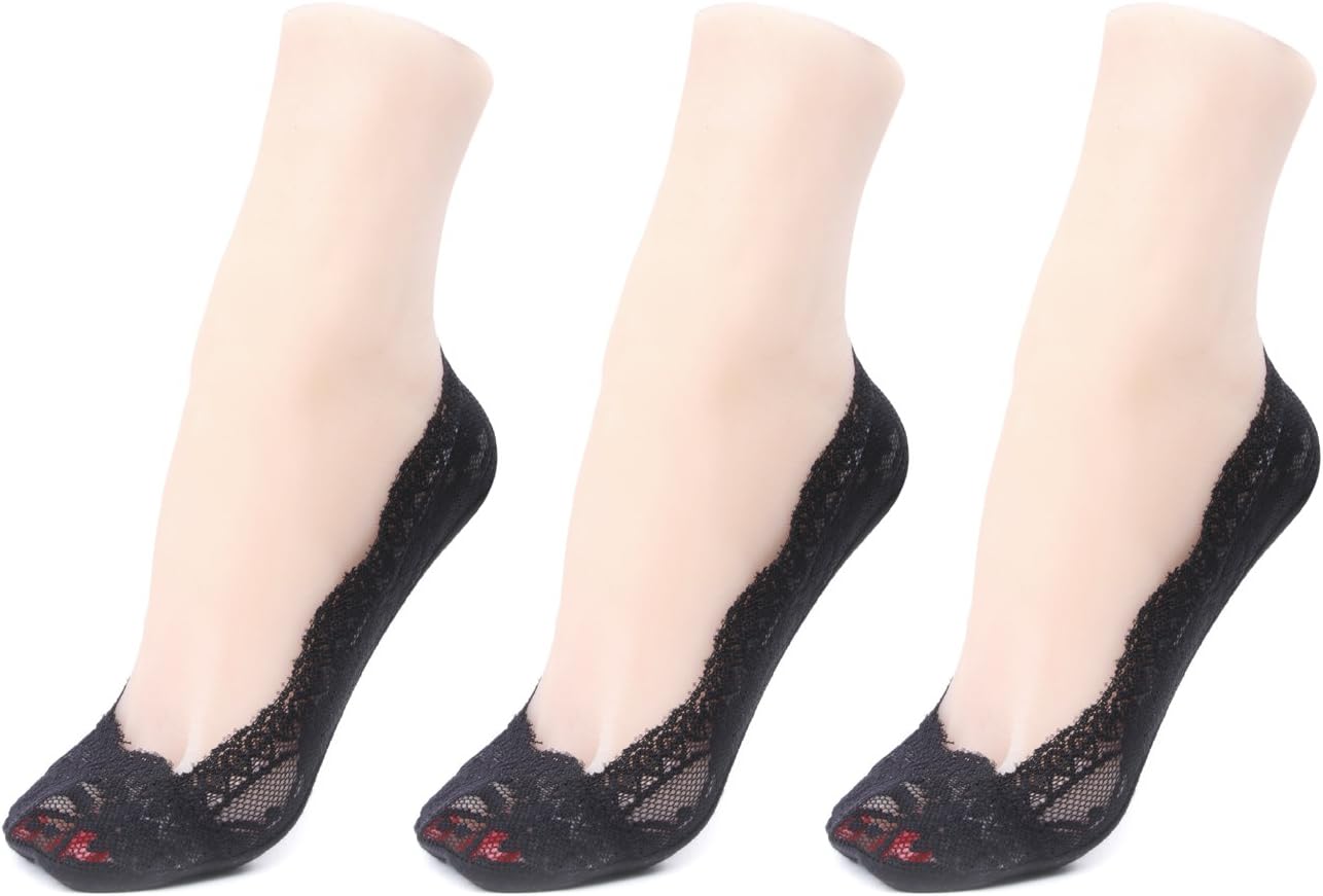 3 Pairs Women's Thin No-Show Low Cut Liner Non Slip Socks,Lace
