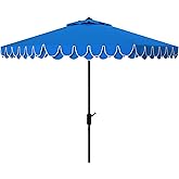 SAFAVIEH 9ft Outdoor Patio Umbrella, Round, Valance, Pacific Blue & White Trim, Auto Crank Tilt, UV Resistant for Deck, Backyard, Poolside (PAT8006P)