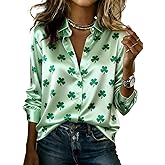 Womens St Patricks Day Shirt 2026 Funny Irish Shamrock Print Satin Shirts