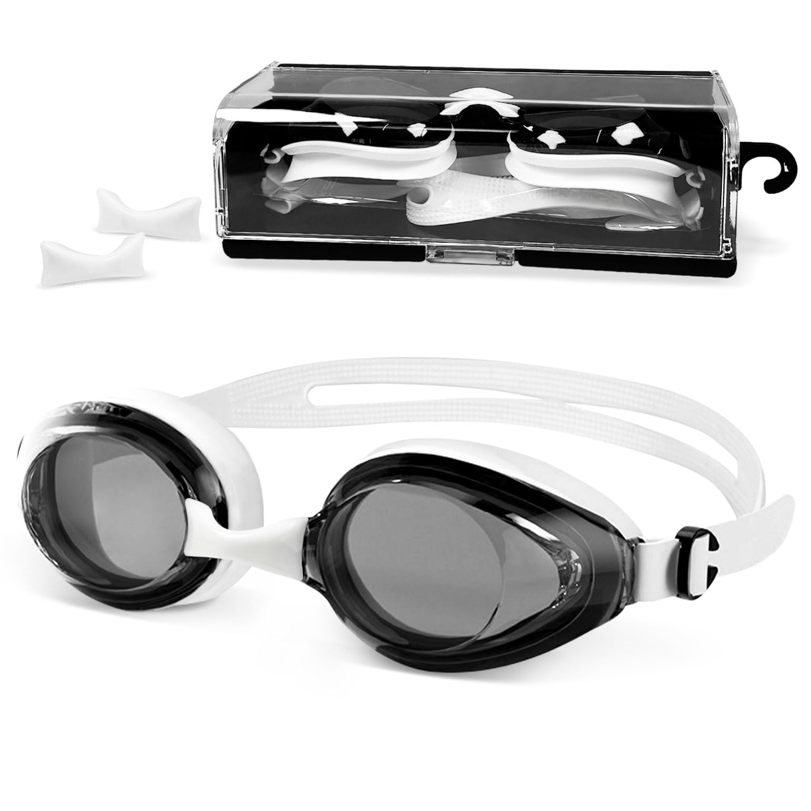 Photo 1 of Airoads Shortsighted Swim Goggles Leakproof Anti-Fog UV Protection Swimming Goggles Designed for Nearsighted Adults Women Men and Youth with 3 Adjustable Nose Bridges (Black & White, -6)