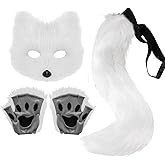 Gorbgle Cat Fox Wolf Tail, 4Pcs Furry Fox Tail, Therian Mask Paw Gloves Costume Set for Women, Animals Costumes, White