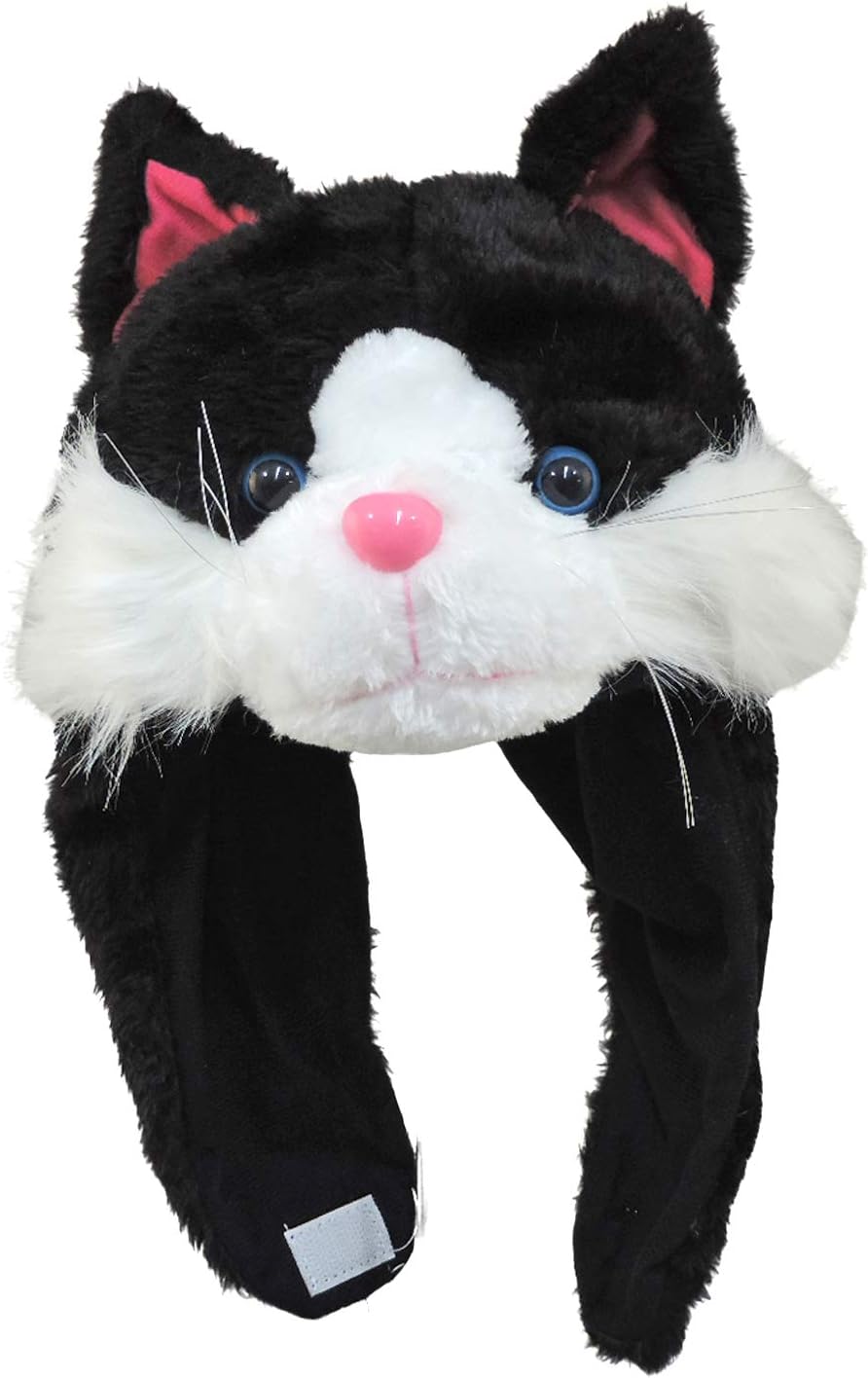 Plush Black & White Tabby Kitty Cat Hat With Ear Flaps