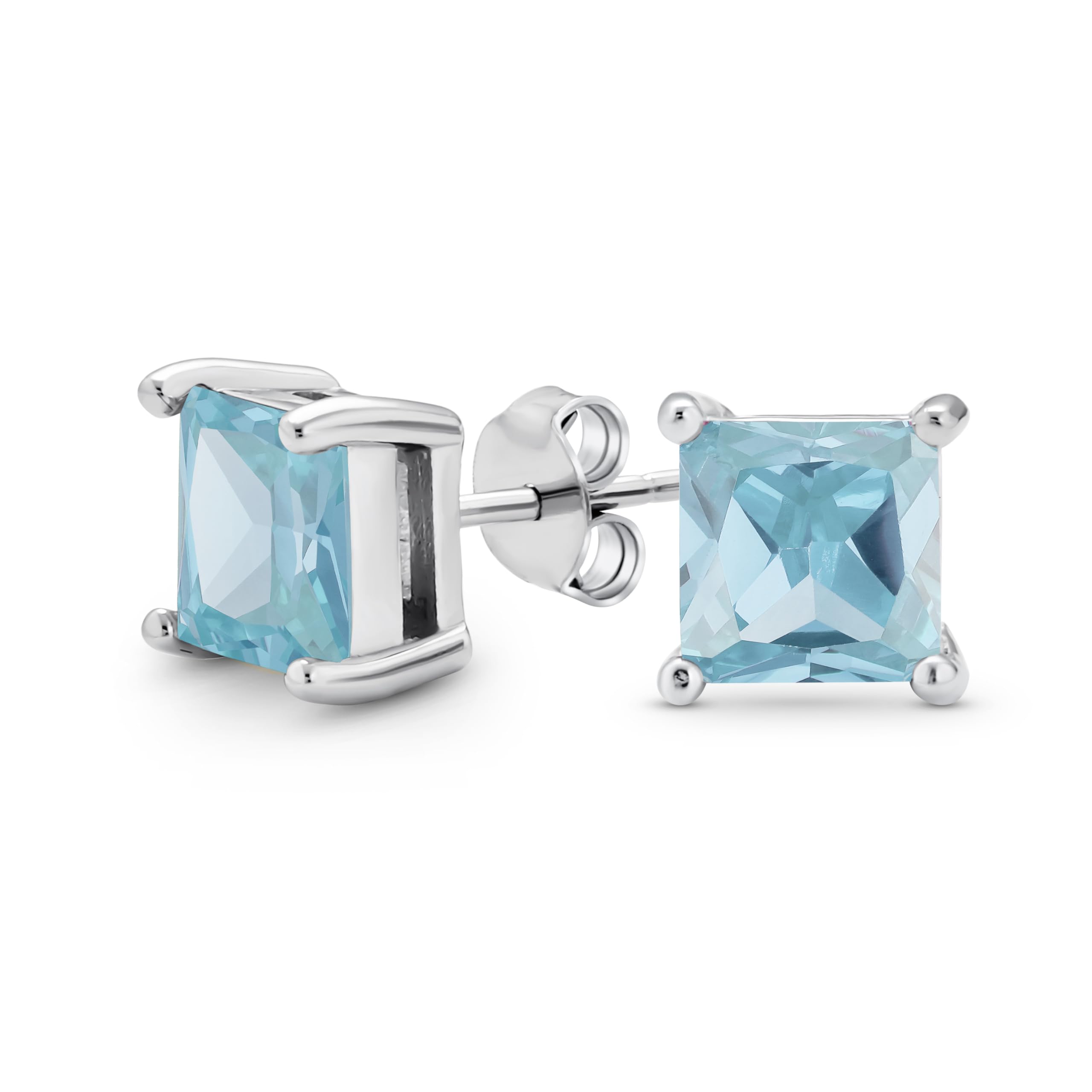 Aqua Blue Square Cubic Zirconia Brilliant Princess Cut AAA CZ Stud Earrings .925 Sterling Silver Simulated Aquamarine — image 1