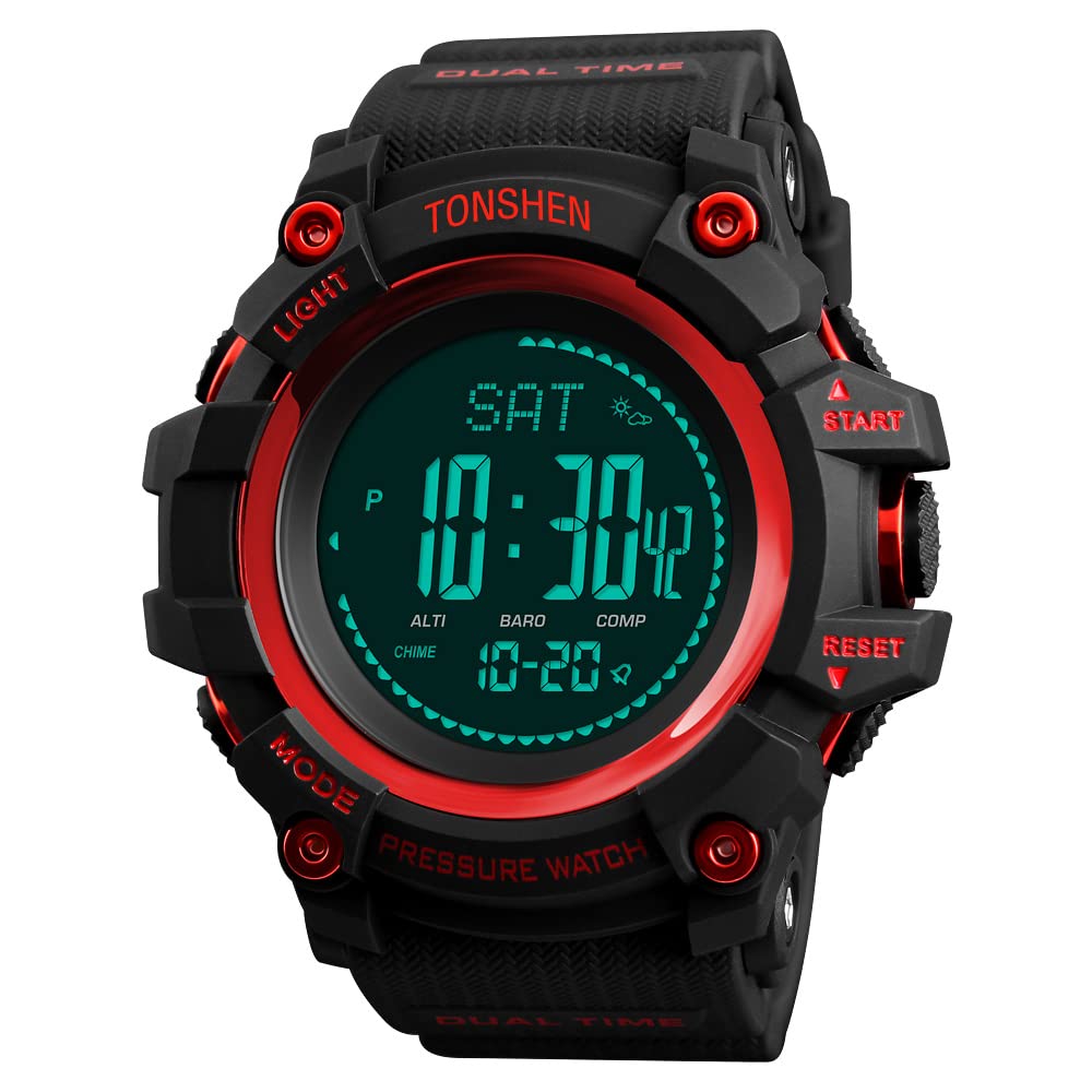 TONSHEN Mens Large Dial Outdoor Sport Digital Compass Watch Plastic Case with Rubber Band LED Electronic Multifunction Altimeter Thermometer Pedometer Calories Double Time Watches (Red)