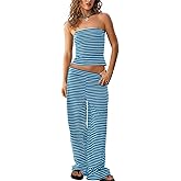 Tankaneo Womens Striped 2 Piece Sets Summer Strapless Crop Tube Tops Wide Leg Pants Matching Lounge Set Vacation Outfits