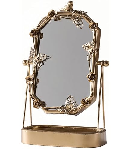 Miroir De Maquillage Vintage SEHAMANO - Double Face Rotatif - Cadre Métal Motif Papillon - Laiton (or Mat) Taille M
