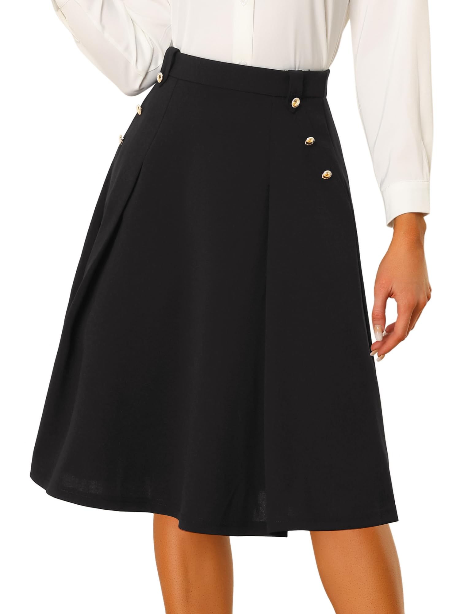 Photo 1 of Allegra K Women's High Waist Work Office Vintage Pleated Flared Teacher Midi Skirt Medium Black