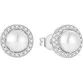 Vinoya 925 Sterling Silver Earrings Freshwater Cultured Pearl Stud Earrings with Cubic Zirconia White/Rose/Yellow Gold-Plated Round/Teardrop Earring for Women Jewelry