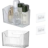 Acrylic Wall Mounted Storage Racks,2Pcs Storage Box Shower Basket, Transparent Plastic Makeup Box Stackable Storage Basket for Kitchen Bathroom Cabinet Pantry and Office, with 2 Back Stickers