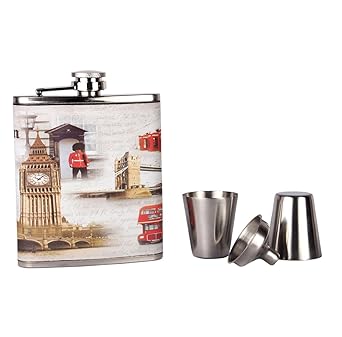 Kairos Stainless Steel Liquor Hip Flask/Alcoholic Beverage Holder, 1 Hip Flask/2 Shot Glass/1 Funnel Set (7 Ounce, London3)