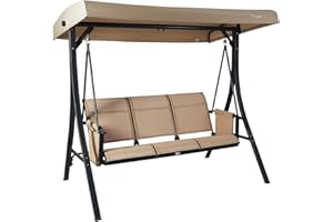 Kozyard Brenda 3-Seat Patio Swing Chair, Outdoor Porch Swing Glider with Adjustable Canopy, Side Pouches, Breathable Seat and Back, for Garden, Poolside, Backyard (Tan)