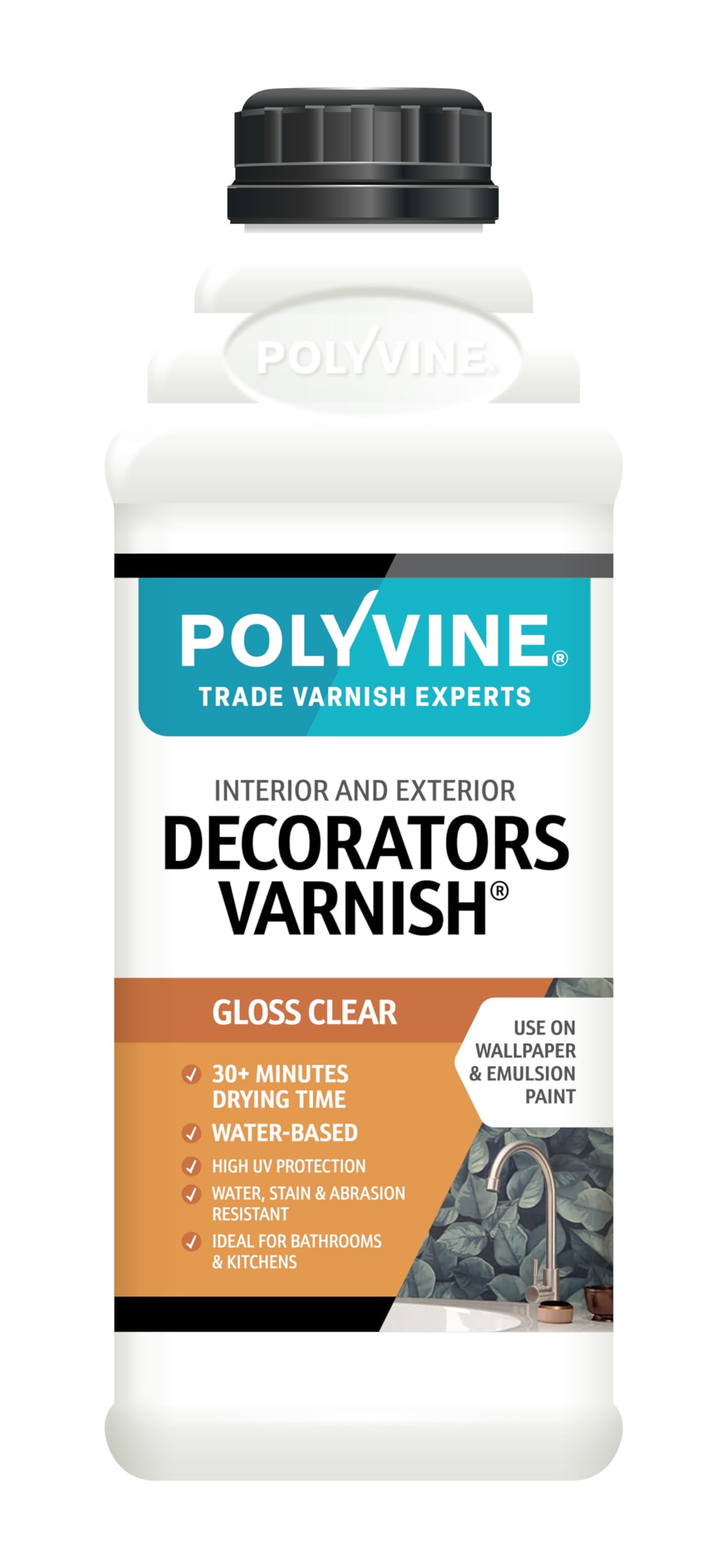 Polyvine Decorators Varnish Gloss – Water Resistant Clear Varnish with UV Protection - Seals and Protects Emulsion, Acrylic Paint, Wallpaper, Wood, Furniture, Plaster & Fabric, 1L