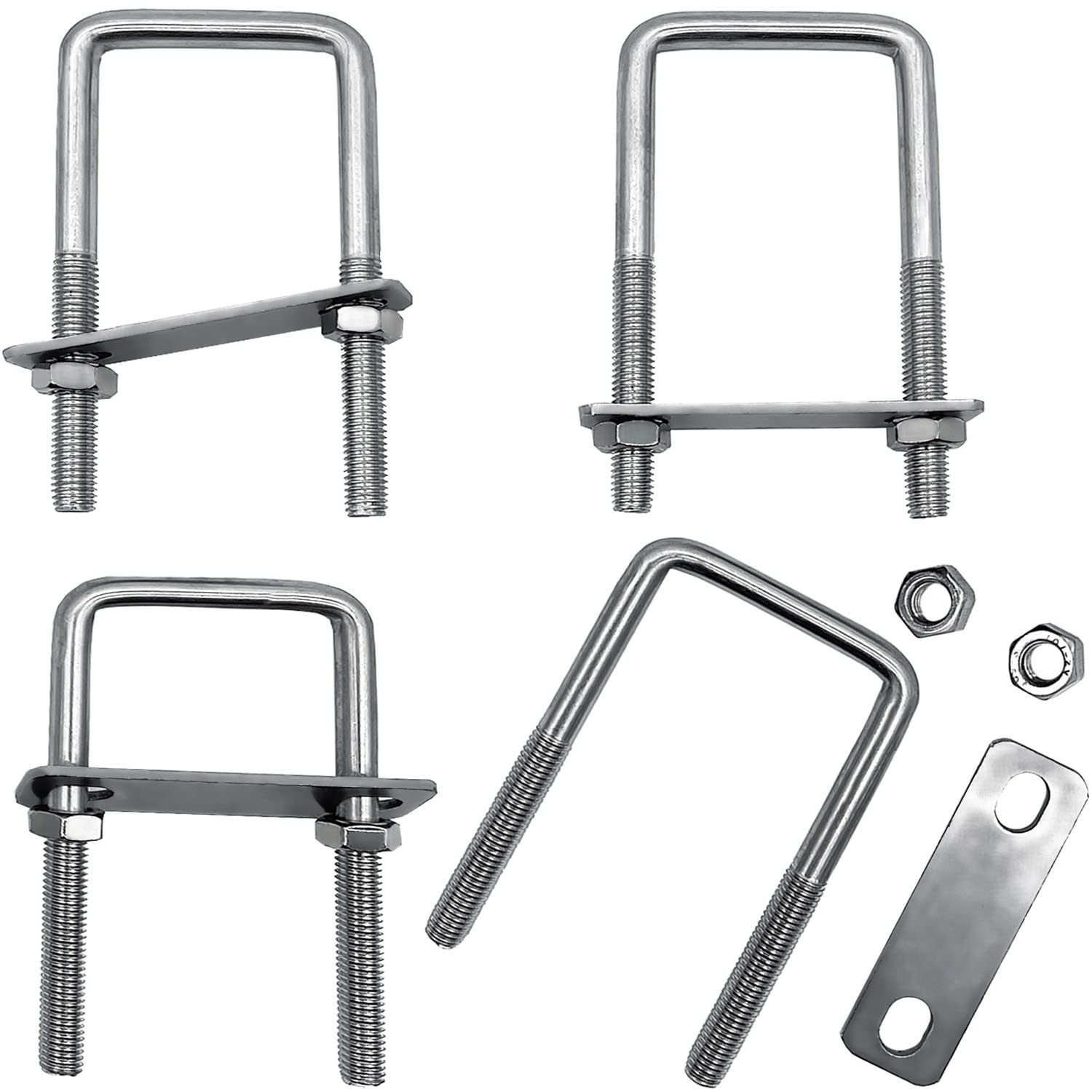 4 Pcs U Shape Bolts M8 100 x 52 mm 304 Stainless Steel Square U-Bolt Clamp with Nuts and Frame Plate for Pipeline, Construction Installation and Industrial Applications
