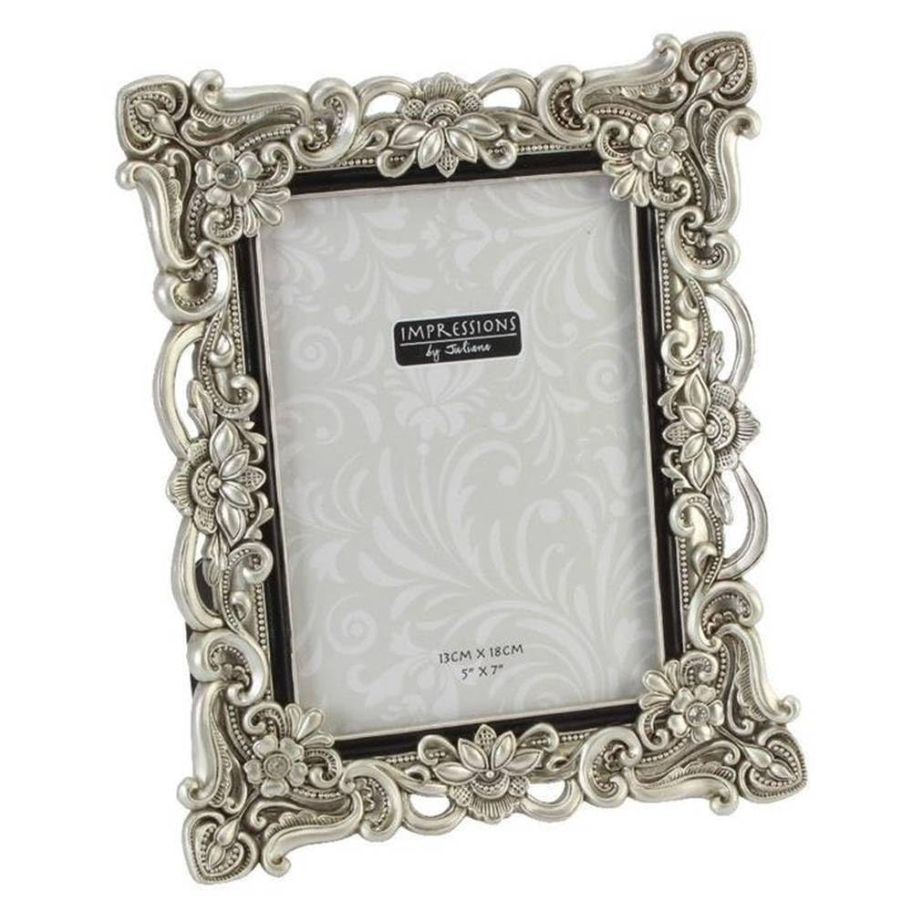 Impressions - Antique Silver - Floral Resin Frame with Crystals - 5" x 7"