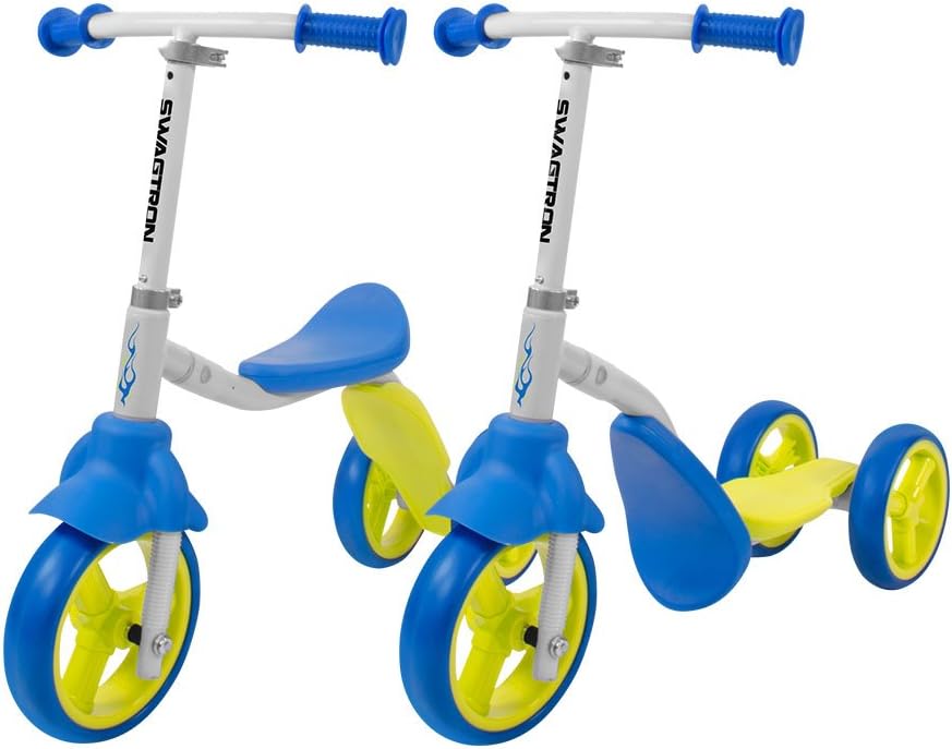 Swagtron K2 Toddler 3 Wheel Scooter & Ride-On Balance Trike 2-in-1 Adjustable for 2, 3, 4, 5 Year Old Boy or Girl Transforms in Seconds