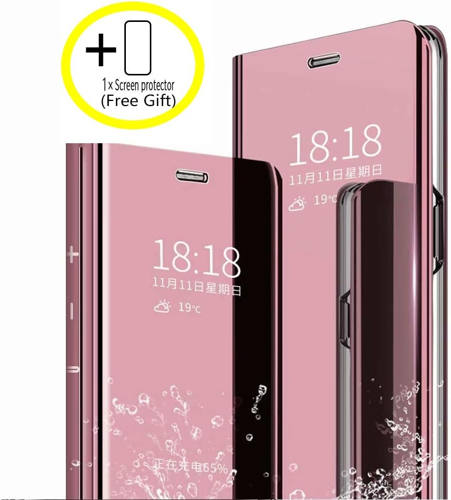 Homi2019 Smart Awake Sleep Phone Case for Oppo Y91 Flip Clear View Translucent Standing Cover Mirror Plating Holder Full Body 360°Protection.