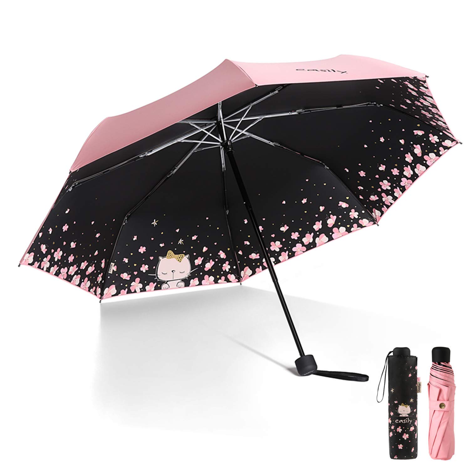 Meiyijia Compact and Foldable Umbrella, UV Protection, Portable Voy, Lady Umbrella – Pink – Cat Model – Unfolds 96 cm, 96cm