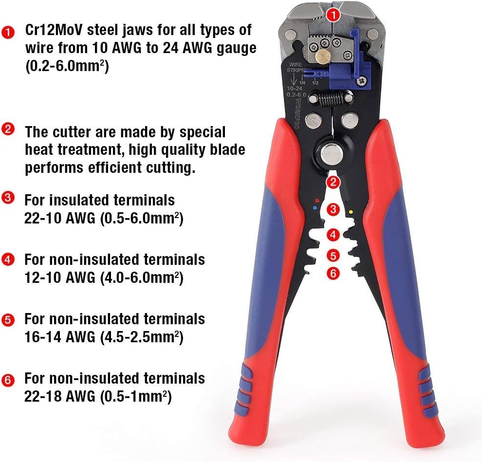 WORKPRO 200 mm Wire Strippers, 3-in-1 Automatic Stripping Pliers, Wire Cutter Pliers AWG 24-10 (0.2~6.0 mm²) Stripping Tools - Image 4