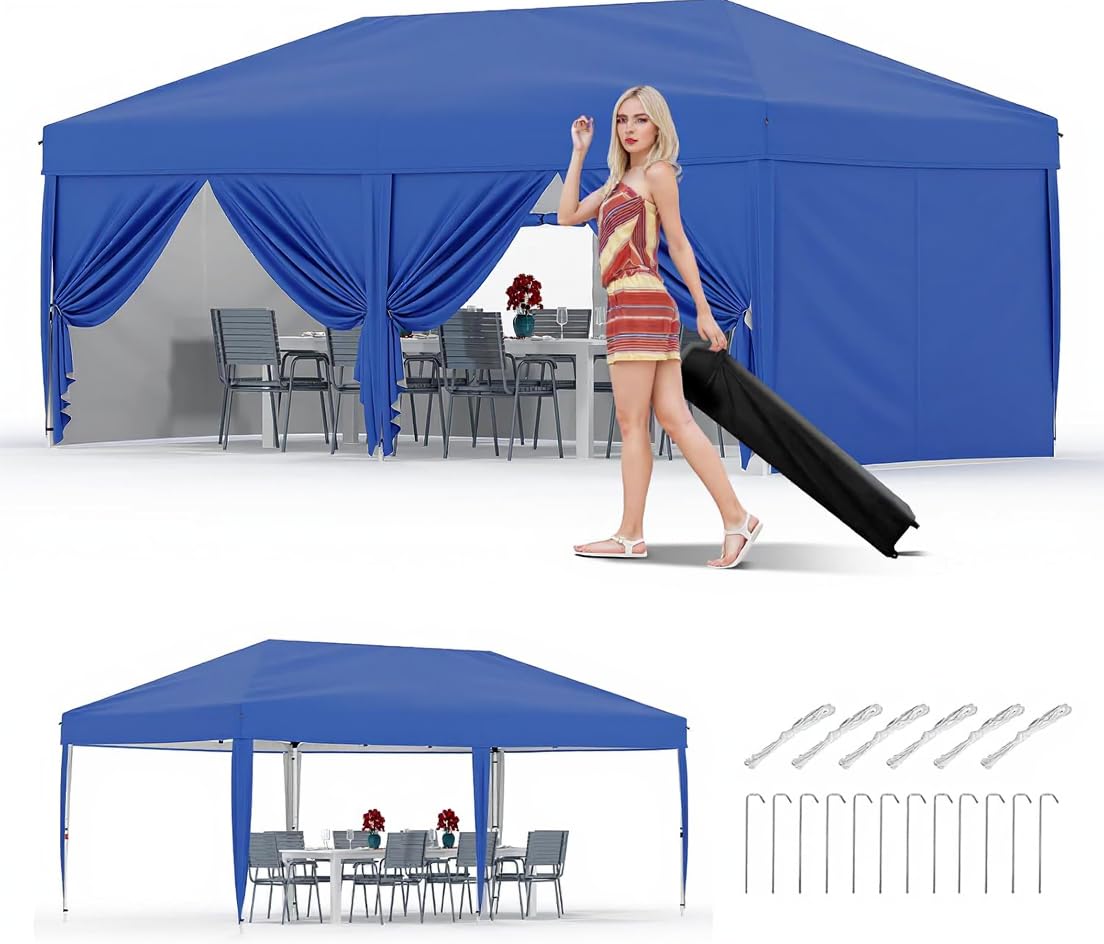 Photo 1 of 10X20 Ft Instant Pop-Up Canopy Tent-1-Push Setup Heavy Duty Portable Gazebo w/ 4 Weight Bags, Roller Bag & Full Accessory Kit | Waterproof Wind Resistant for Outdoor Events, Markets, Camping,Blue