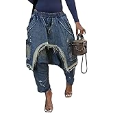 Unybwonn Womens Harem Jeans Baggy Cargo Hippie Patchwork Denim Pants Casual Elastic Waist Wide Leg Jogger Trousers