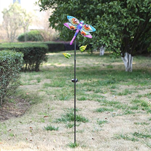 Solar Garden Stake Outdoor Figurine LED Light Cute Metal Stick Art Ornament Decor for Lawn Yard Patio by CEDAR HOME, 11"W x 2"D x 52"H, Dragonfly - Thumbnail 3
