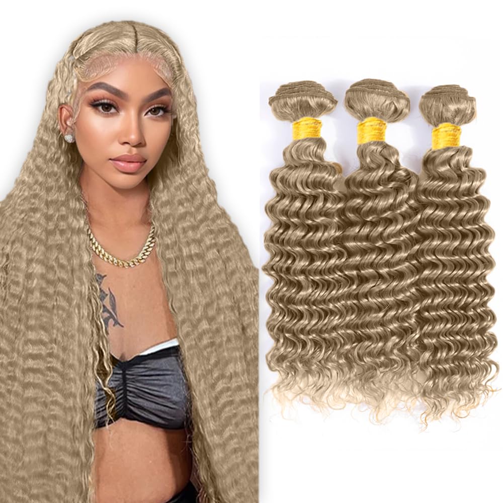 Photo 1 of #22 Blonde Bundles Human Hair Deep Wave Bundles 26 28 30 Inch Unprocessed Brazilian Virgin Hair Ash Blonde Deep Wave 3 Bundle Human Hair Extensions 50 Gram Per Bundle