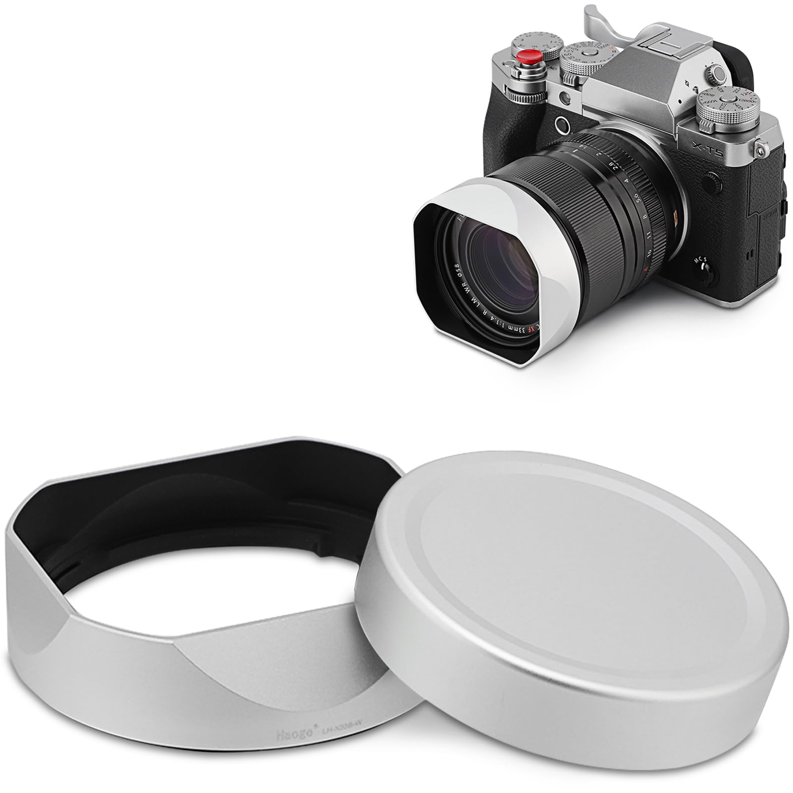 Silver Metal Square Lens Hood for Fuji XF33mm F1.4 R LM WR Lens, Fujifilm XF23mmF1.4 R LM WR,Fujinon XF 16-50mm F2.8-4.8 R LM WR lens, With Metal Cap Kit,Haoge Bayonet Hood