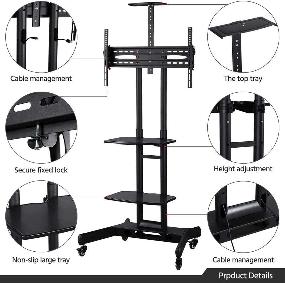 Yaheetech Adjustable Mobile TV Stand with Storage Shelves and Heavy Duty Base Stand Rolling TV Carts on Wheels for 32 to 65 inch LCD LED Plasma Flat Screen Panel up to 110 Lbs Black : Office Products