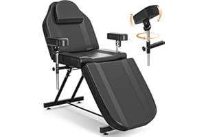 CHARMMADE Facial Bed Table with Upgraded Armrests Adjustable Tattoo Chair Comfortable Esthetician Bed Professional Massage Table Waterproof Leather Spa Chair, Hold Up to 440lbs, Black
