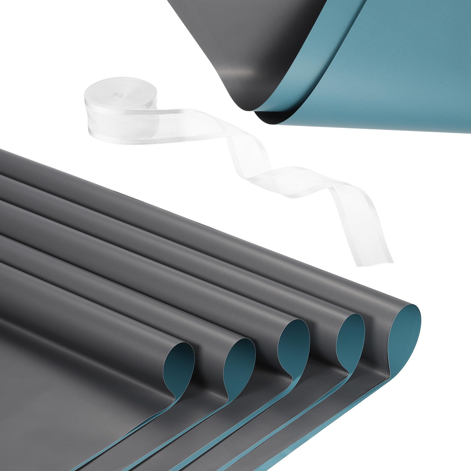 PATIKIL 20 Sheets Flower Wrapping Paper, Waterproof Flower Paper Wraps with Ribbon Floral Bouquet Supplies for DIY Crafts Packaging Bouquet, 22.8x22.8 Inch, Gray Blue/Dark Gray