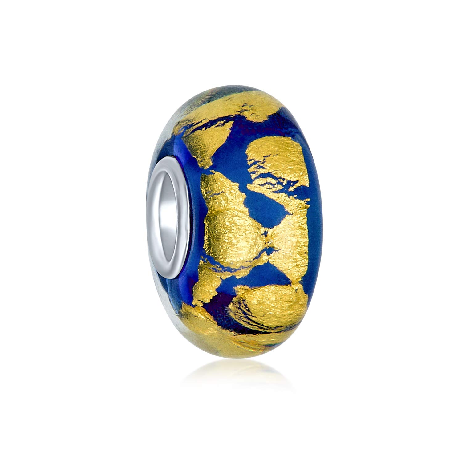 Bling Jewelry Murano Glass .925 Sterling Silver Core Blue Translucent Gold Foil Metallic Spacer Charm Bead Fits European Bracelet For Women Teen