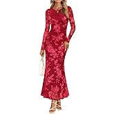 MEROKEETY Women's 2026 Spring Wedding Guest Maxi Dress Long Sleeve Bodycon Floral Mesh Fall Cocktail Formal Party Dresses